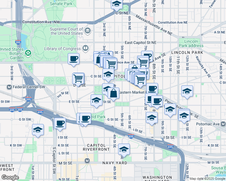 map of restaurants, bars, coffee shops, grocery stores, and more near 101 Independence Avenue Southeast in Washington