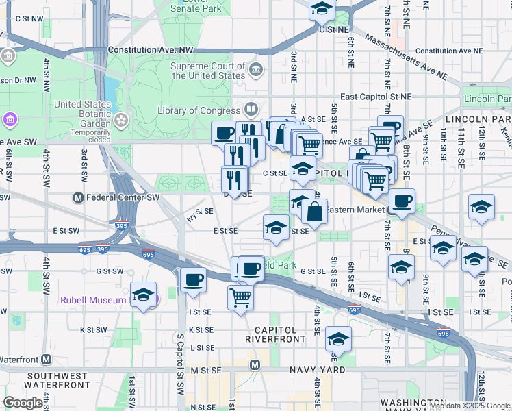 map of restaurants, bars, coffee shops, grocery stores, and more near 101 Independence Avenue Southeast in Washington