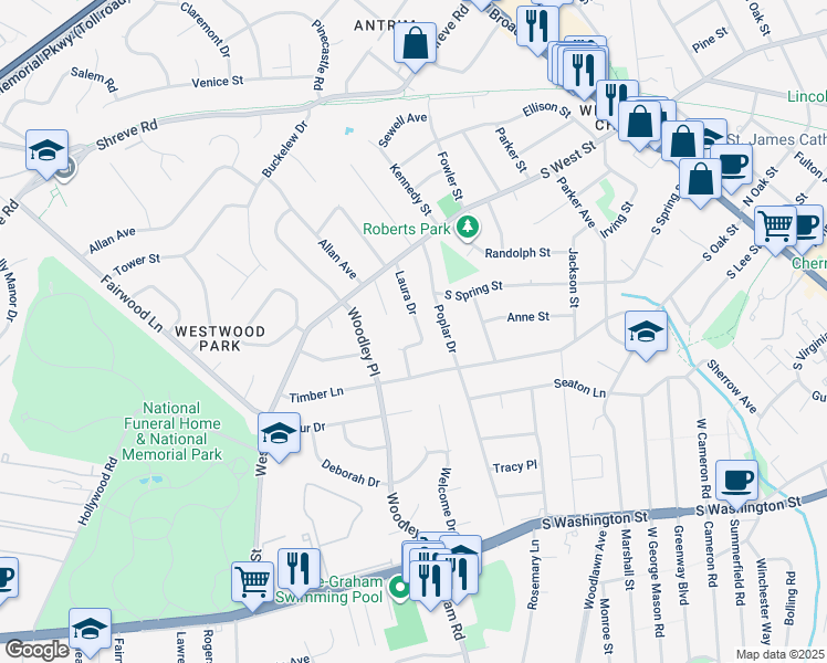 map of restaurants, bars, coffee shops, grocery stores, and more near 615 Laura Drive in Falls Church