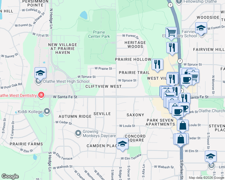 map of restaurants, bars, coffee shops, grocery stores, and more near 214 North Normandy Street in Olathe
