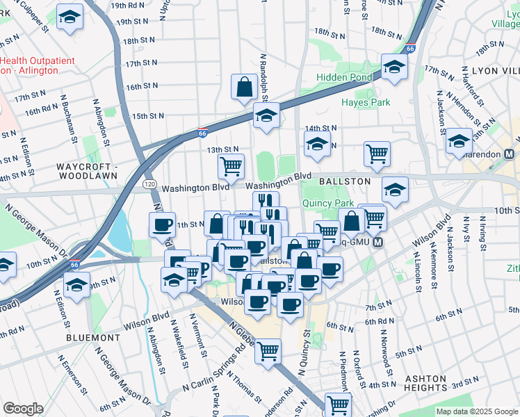 map of restaurants, bars, coffee shops, grocery stores, and more near 1101 North Stafford Street in Arlington