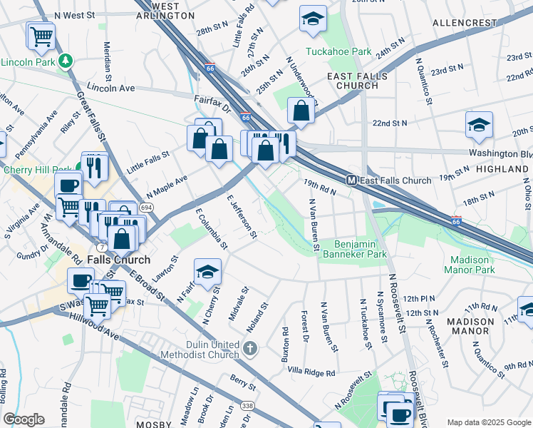 map of restaurants, bars, coffee shops, grocery stores, and more near 107 Gresham Place in Falls Church
