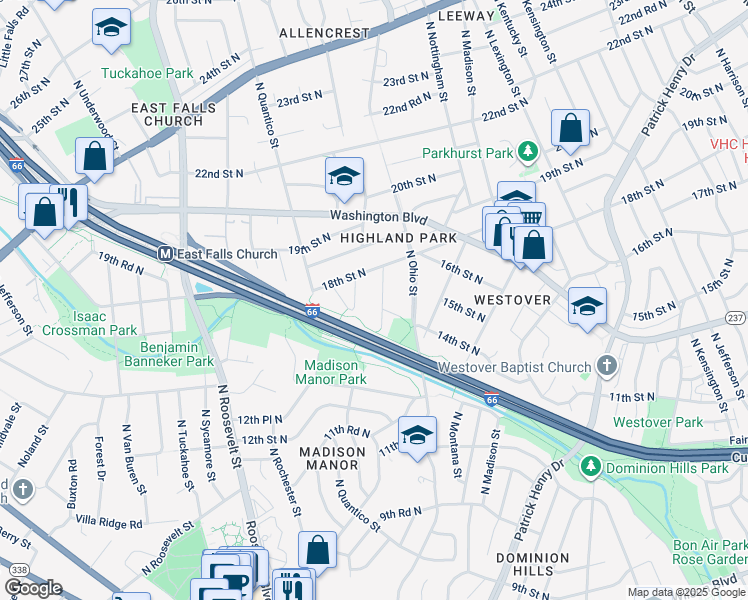 map of restaurants, bars, coffee shops, grocery stores, and more near 1404 N Powhatan St in Arlington