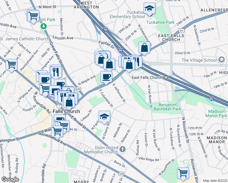map of restaurants, bars, coffee shops, grocery stores, and more near 114 East Jefferson Street in Falls Church