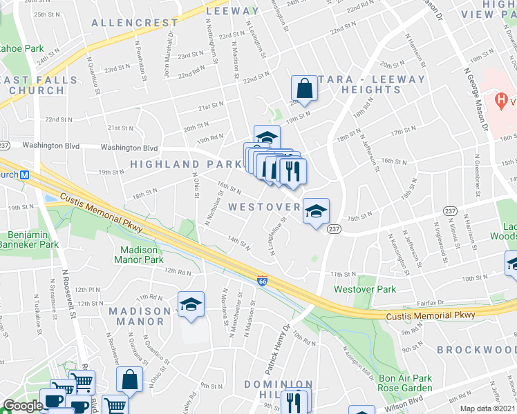 map of restaurants, bars, coffee shops, grocery stores, and more near 1523 North McKinley Road in Arlington