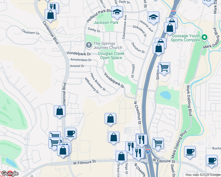 map of restaurants, bars, coffee shops, grocery stores, and more near 841 Amsterdam Dr in Colorado Springs