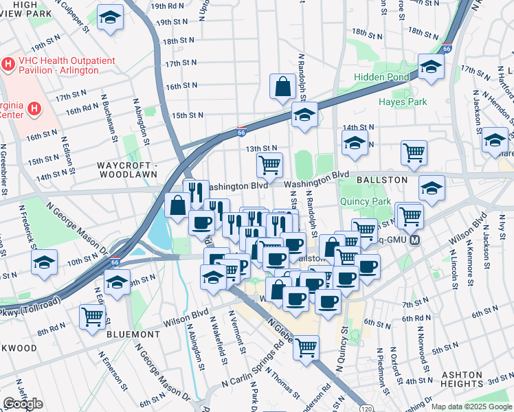 map of restaurants, bars, coffee shops, grocery stores, and more near 1116 North Taylor Street in Arlington