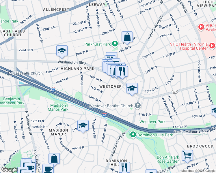map of restaurants, bars, coffee shops, grocery stores, and more near 1523 North McKinley Road in Arlington
