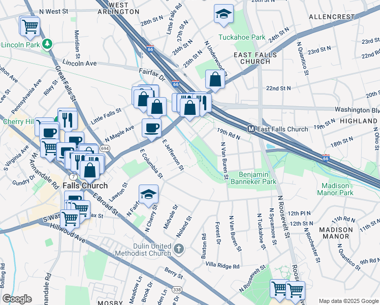 map of restaurants, bars, coffee shops, grocery stores, and more near 107 Gresham Place in Falls Church