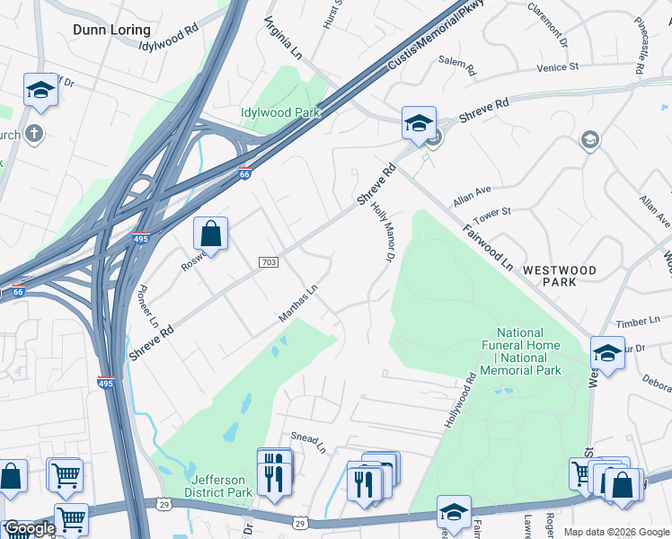 map of restaurants, bars, coffee shops, grocery stores, and more near 7721 Marthas Lane in Falls Church