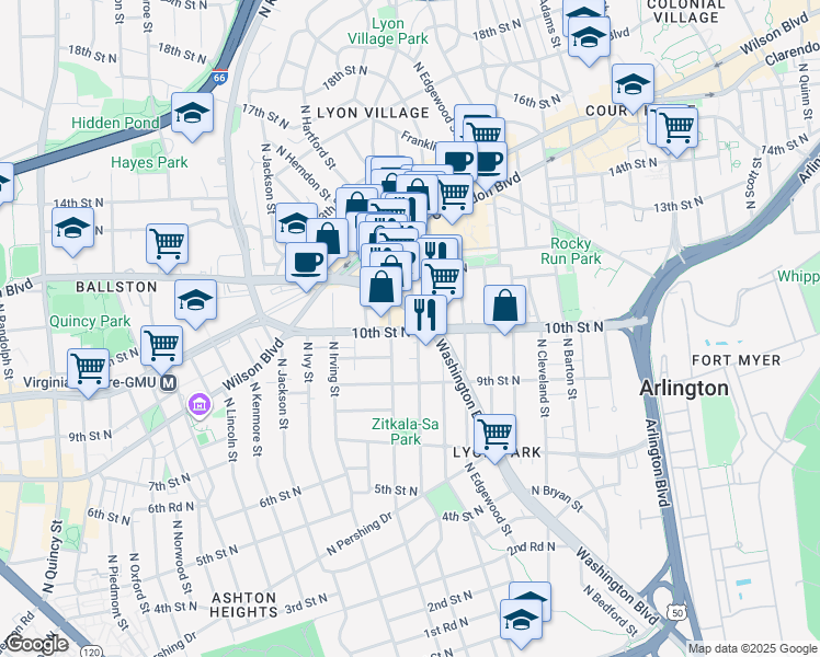 map of restaurants, bars, coffee shops, grocery stores, and more near in Arlington
