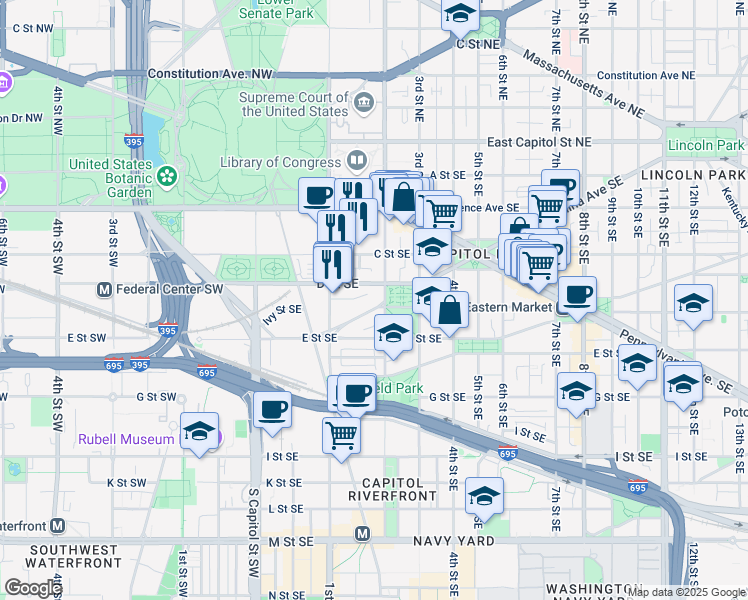 map of restaurants, bars, coffee shops, grocery stores, and more near 172 North Carolina Avenue Southeast in Washington