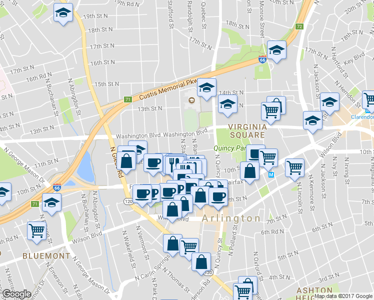 map of restaurants, bars, coffee shops, grocery stores, and more near 4128 11th Place North in Arlington