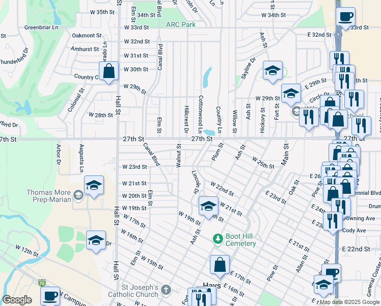 map of restaurants, bars, coffee shops, grocery stores, and more near 330 West 24th Street in Hays