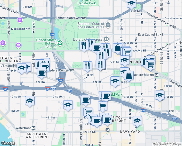 map of restaurants, bars, coffee shops, grocery stores, and more near 415 New Jersey Avenue Southeast in Washington