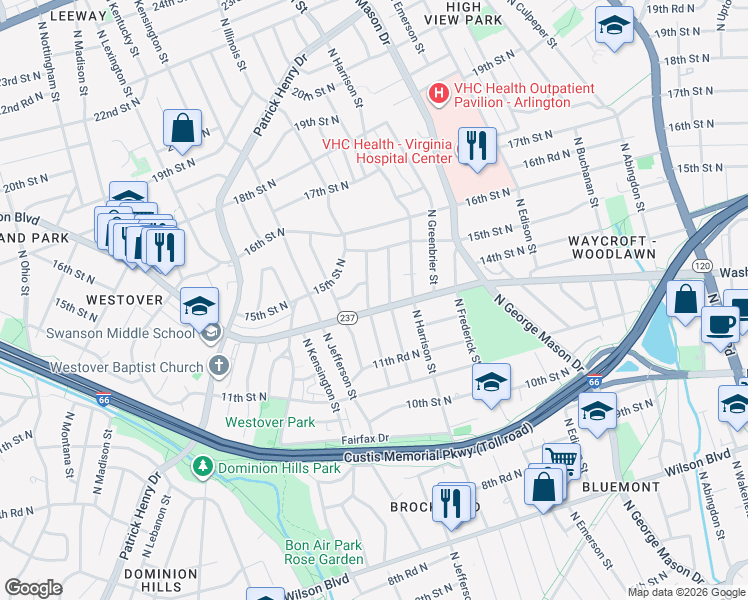 map of restaurants, bars, coffee shops, grocery stores, and more near 1407 North Inglewood Street in Arlington