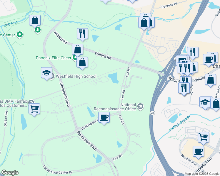 map of restaurants, bars, coffee shops, grocery stores, and more near 14668 Lee Road in Chantilly
