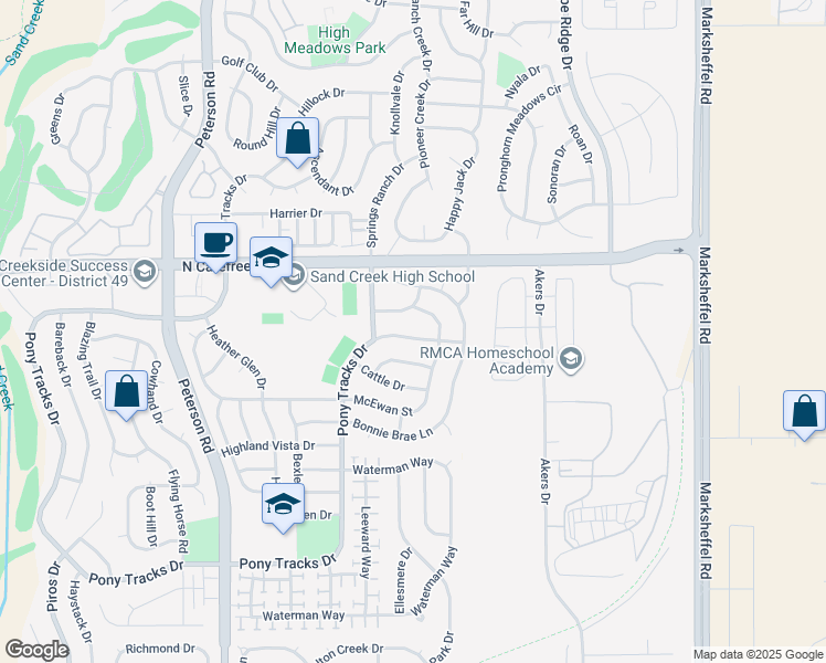 map of restaurants, bars, coffee shops, grocery stores, and more near 2523 Pony Tracks Drive in Colorado Springs