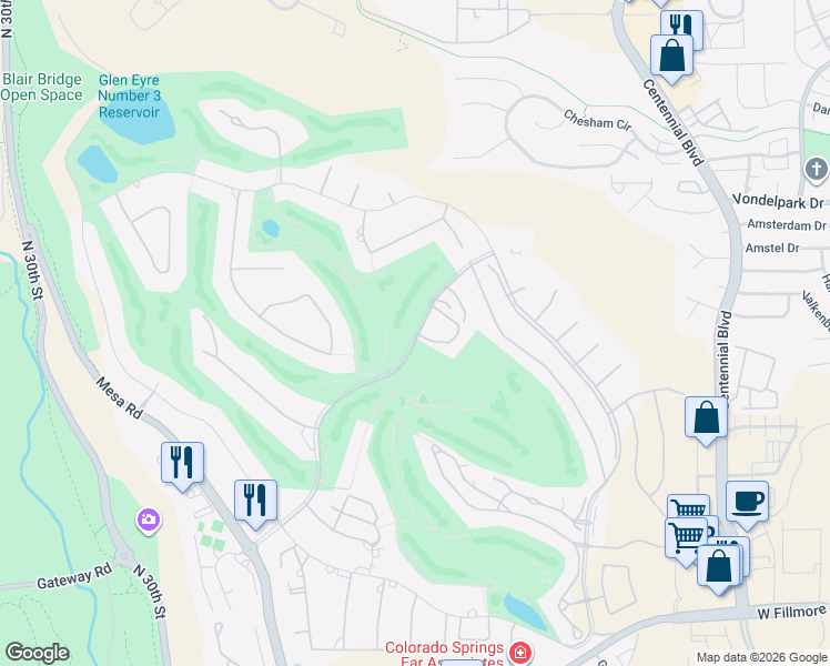 map of restaurants, bars, coffee shops, grocery stores, and more near 6445 Kissing Camels Drive in Colorado Springs