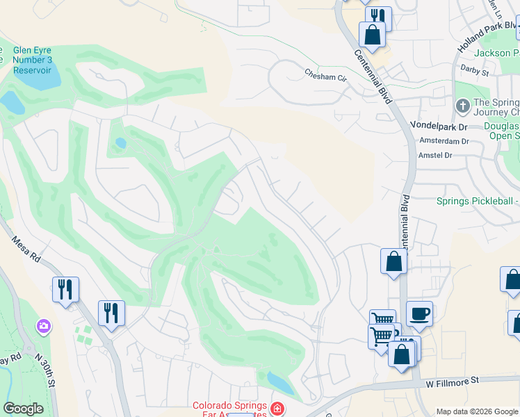 map of restaurants, bars, coffee shops, grocery stores, and more near 3670 Camels Ridge Lane in Colorado Springs