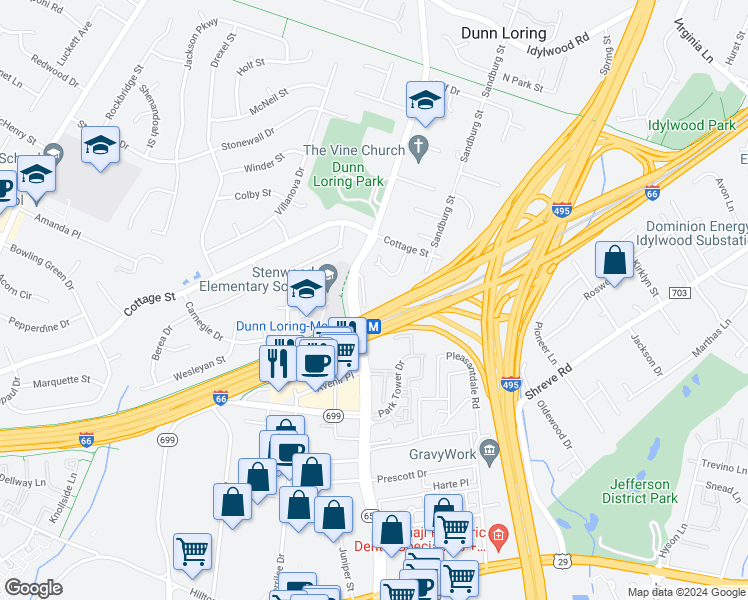 map of restaurants, bars, coffee shops, grocery stores, and more near 2621 Stenhouse Place in Dunn Loring