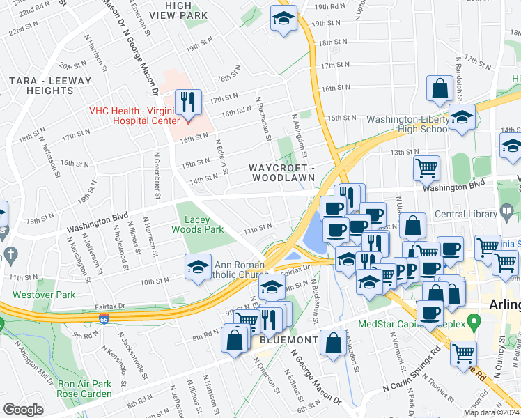 map of restaurants, bars, coffee shops, grocery stores, and more near 1207 North Dinwiddie Street in Arlington
