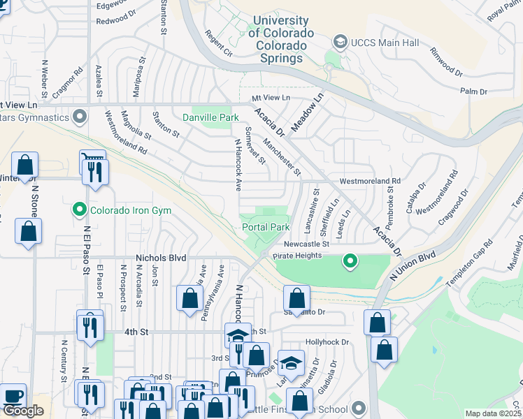 map of restaurants, bars, coffee shops, grocery stores, and more near 1212 Devonshire Street in Colorado Springs