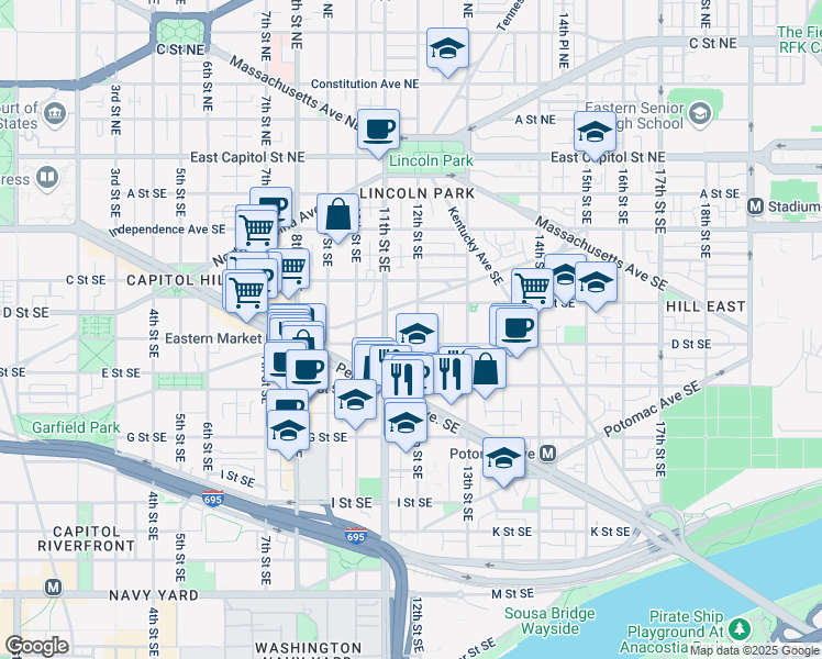 map of restaurants, bars, coffee shops, grocery stores, and more near 315 12th Street Southeast in Washington