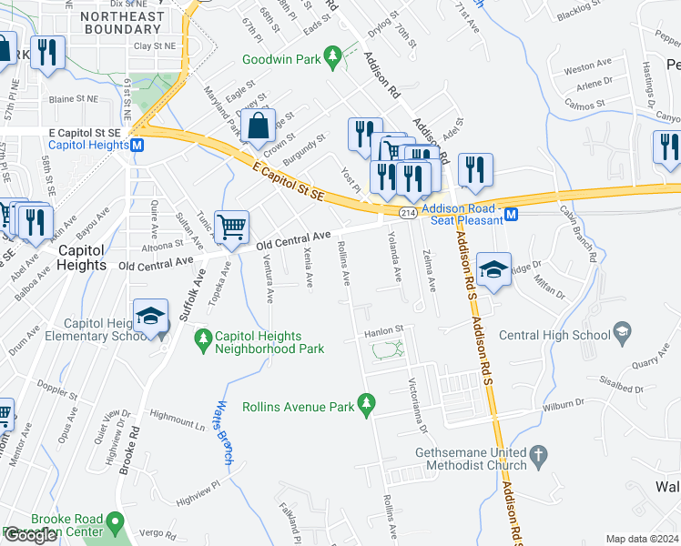 map of restaurants, bars, coffee shops, grocery stores, and more near 313 Rollins Avenue in Capitol Heights
