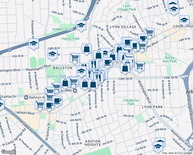 map of restaurants, bars, coffee shops, grocery stores, and more near 3300 Fairfax Drive in Arlington
