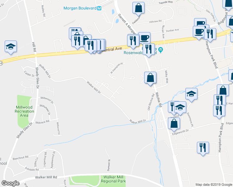 map of restaurants, bars, coffee shops, grocery stores, and more near 420 Possum Court in Capitol Heights