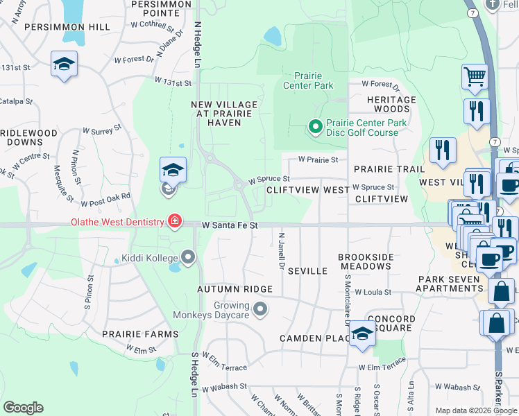 map of restaurants, bars, coffee shops, grocery stores, and more near 205 North Ferrel Street in Olathe