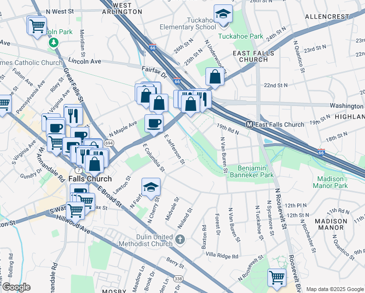 map of restaurants, bars, coffee shops, grocery stores, and more near 120 Gresham Place in Falls Church