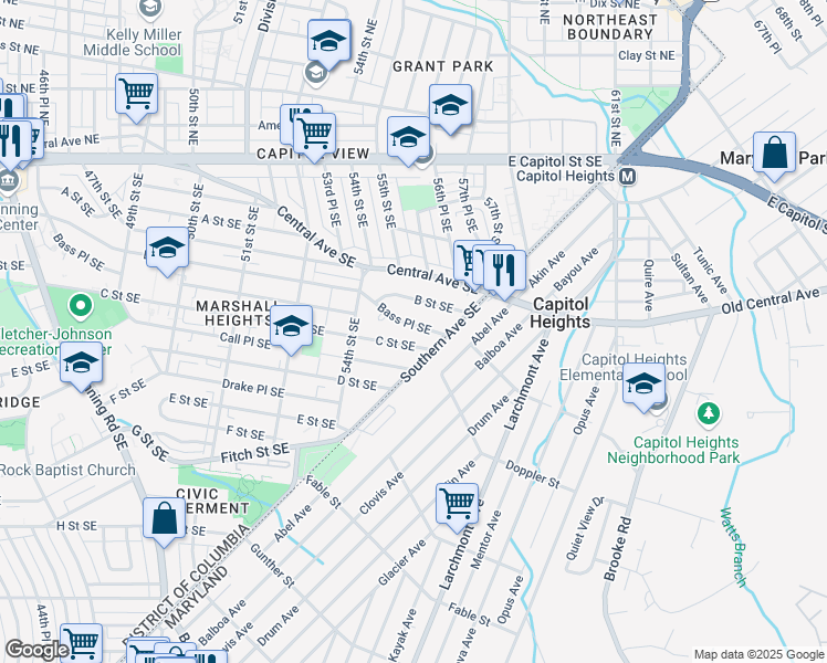 map of restaurants, bars, coffee shops, grocery stores, and more near 5525 Bass Place Southeast in Washington