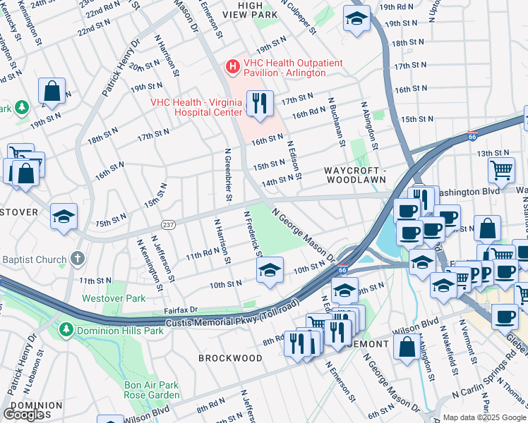 map of restaurants, bars, coffee shops, grocery stores, and more near 1200 North George Mason Drive in Arlington