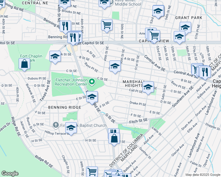 map of restaurants, bars, coffee shops, grocery stores, and more near 4943 Call Place Southeast in Washington