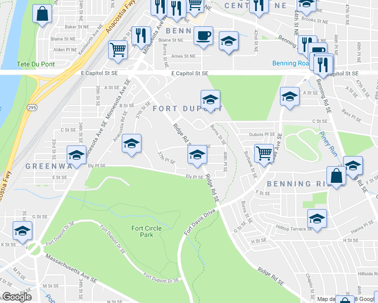 map of restaurants, bars, coffee shops, grocery stores, and more near 405 Ridge Road Southeast in Washington