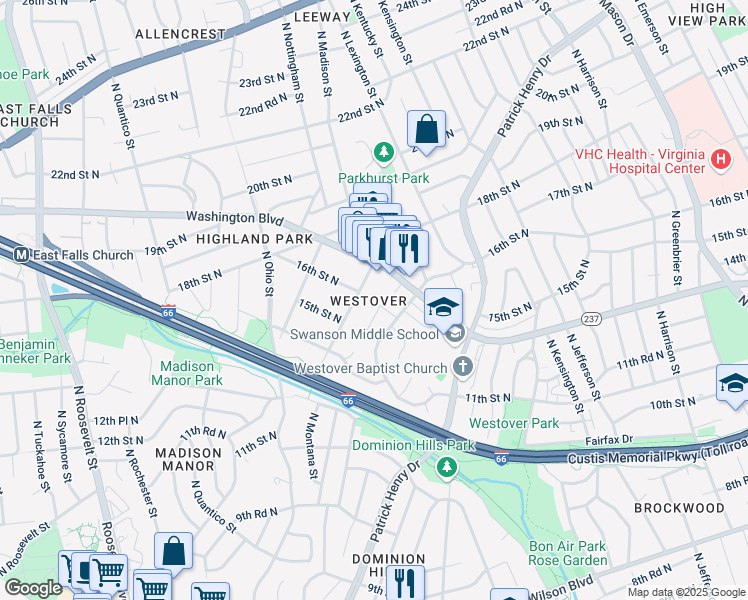 map of restaurants, bars, coffee shops, grocery stores, and more near 1508 North Lancaster Street in Arlington