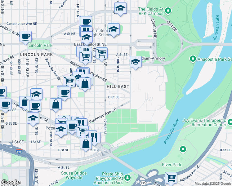 map of restaurants, bars, coffee shops, grocery stores, and more near 321 18th Street Southeast in Washington