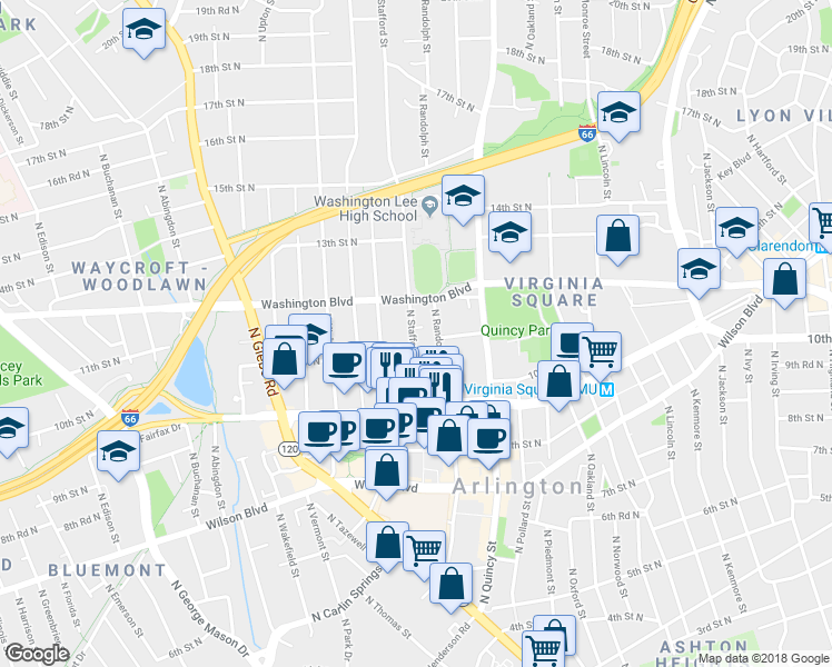 map of restaurants, bars, coffee shops, grocery stores, and more near 1109 North Stafford Street in Arlington