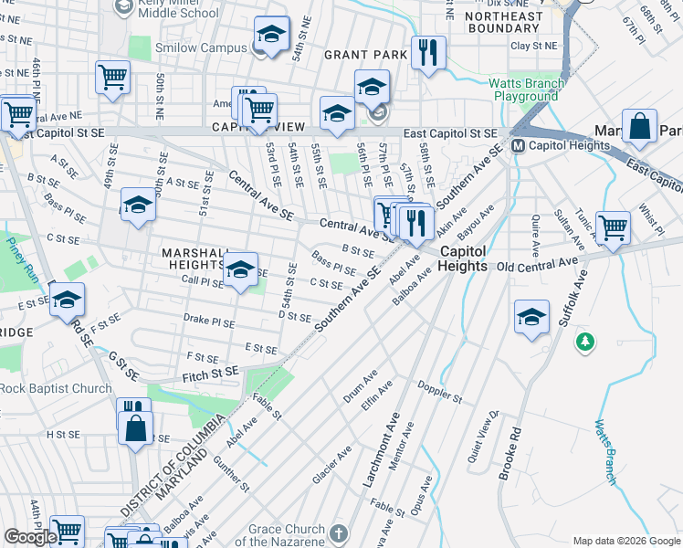 map of restaurants, bars, coffee shops, grocery stores, and more near 5525 Bass Place Southeast in Washington