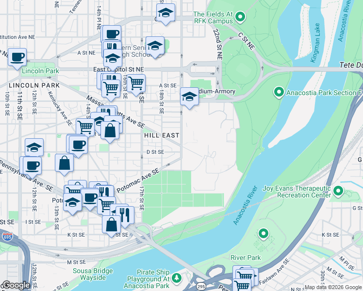 map of restaurants, bars, coffee shops, grocery stores, and more near Massachusetts Ave SE & 19th St SE in Washington