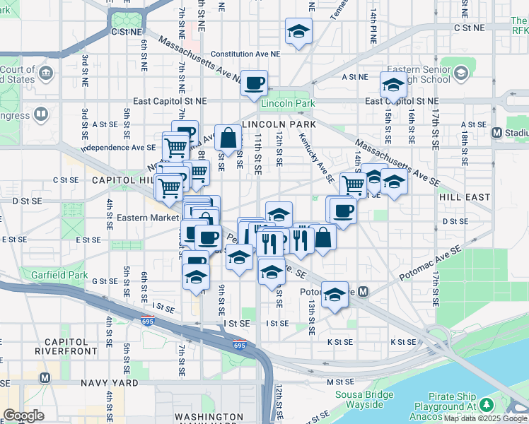 map of restaurants, bars, coffee shops, grocery stores, and more near 340 11th Street Southeast in Washington