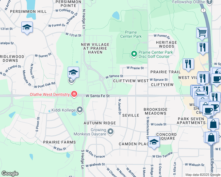 map of restaurants, bars, coffee shops, grocery stores, and more near 209 North Ferrel Street in Olathe