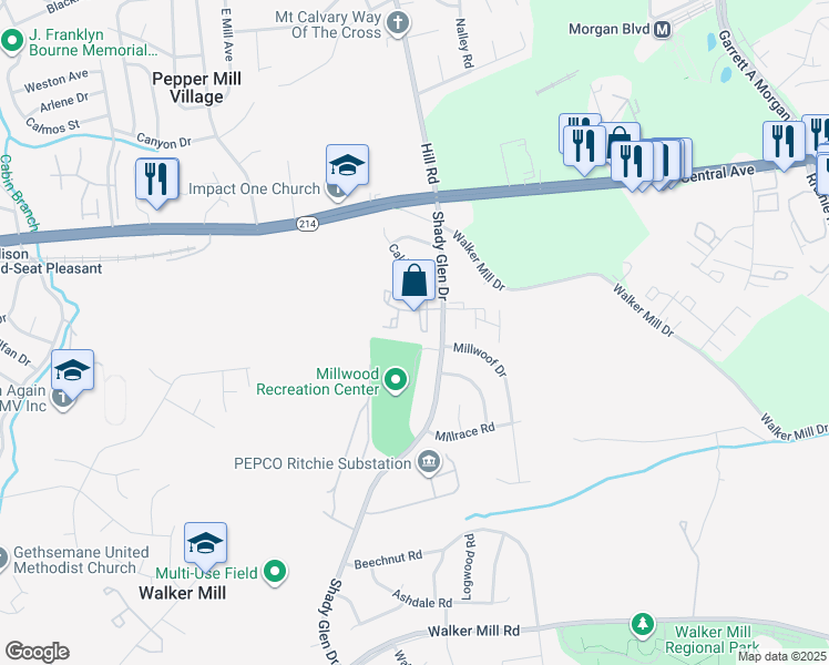 map of restaurants, bars, coffee shops, grocery stores, and more near 7415 Shady Glen Terrace in Capitol Heights