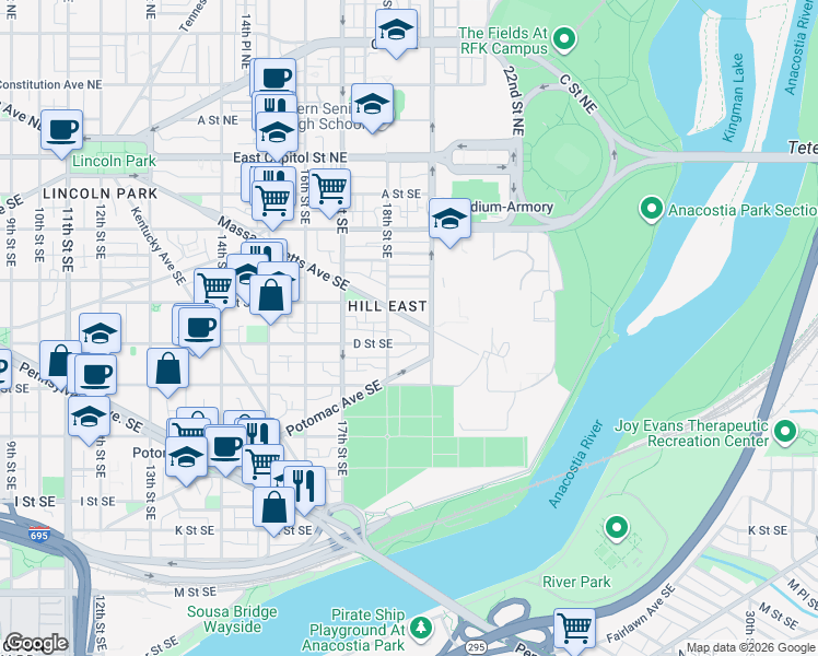map of restaurants, bars, coffee shops, grocery stores, and more near 101 Independence Avenue Southeast in Washington