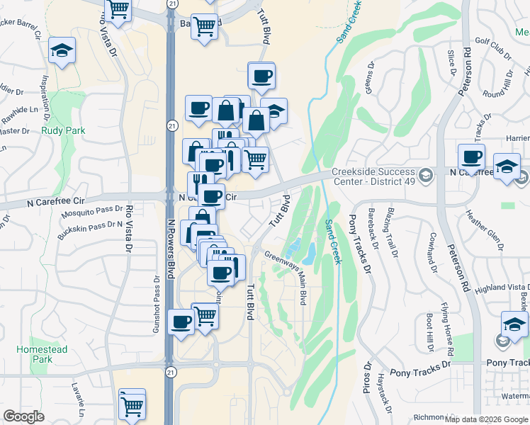 map of restaurants, bars, coffee shops, grocery stores, and more near 6102 Olmsted Point in Colorado Springs