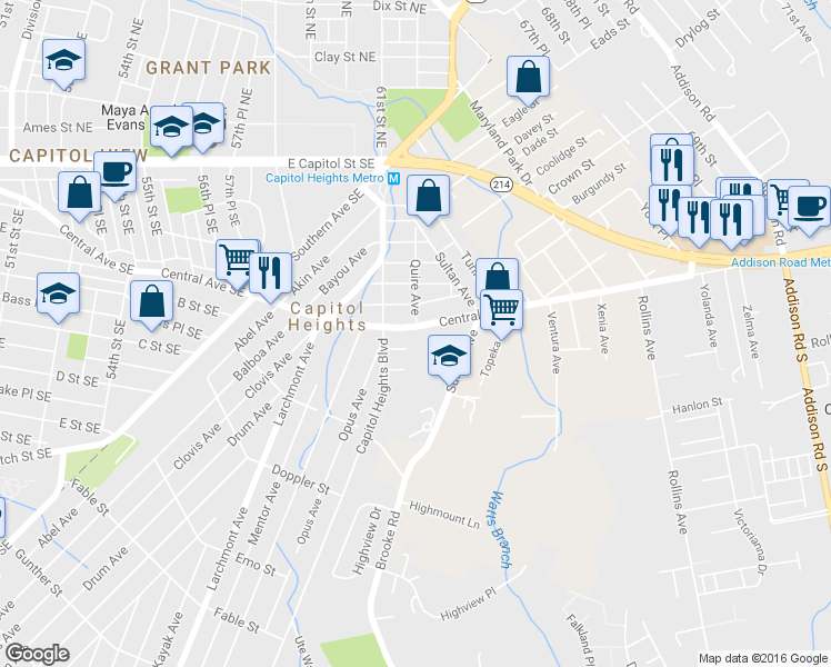 map of restaurants, bars, coffee shops, grocery stores, and more near 6055 Central Avenue in Capitol Heights