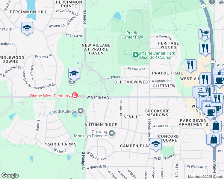 map of restaurants, bars, coffee shops, grocery stores, and more near 213 North Ferrel Street in Olathe