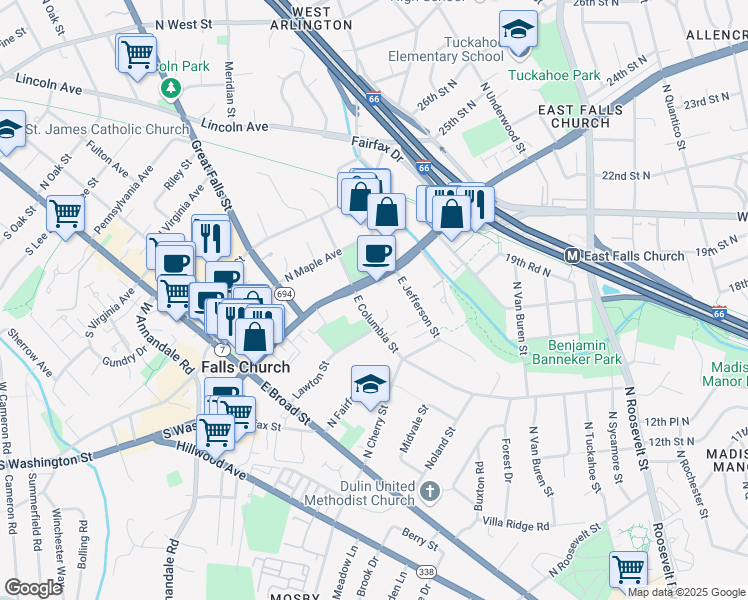 map of restaurants, bars, coffee shops, grocery stores, and more near 109 East Columbia Street in Falls Church